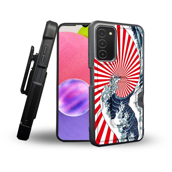 ANJ  Rugged Shockproof Holster Case Card Slot Kickstand   Tempered Glass Cover for Samsung Galaxy A03s - Japanese Wave