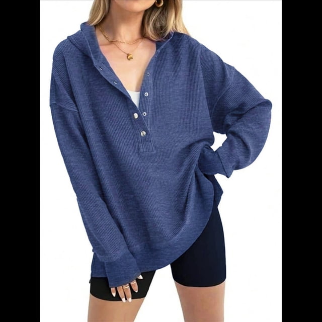 Sudadera con Capucha de Larga Extragrande para Mujer, Cuello en V, Botones y Abertura Lateral, Estilo Informal. Azul Oscuro S