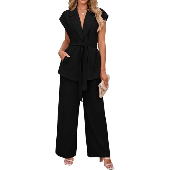 PRETTYGARDEN Women's Summer 2 Piece Outfits Cap Sleeve V Neck Blazer Vest Wide Leg Pant Sets Office Work Clothes