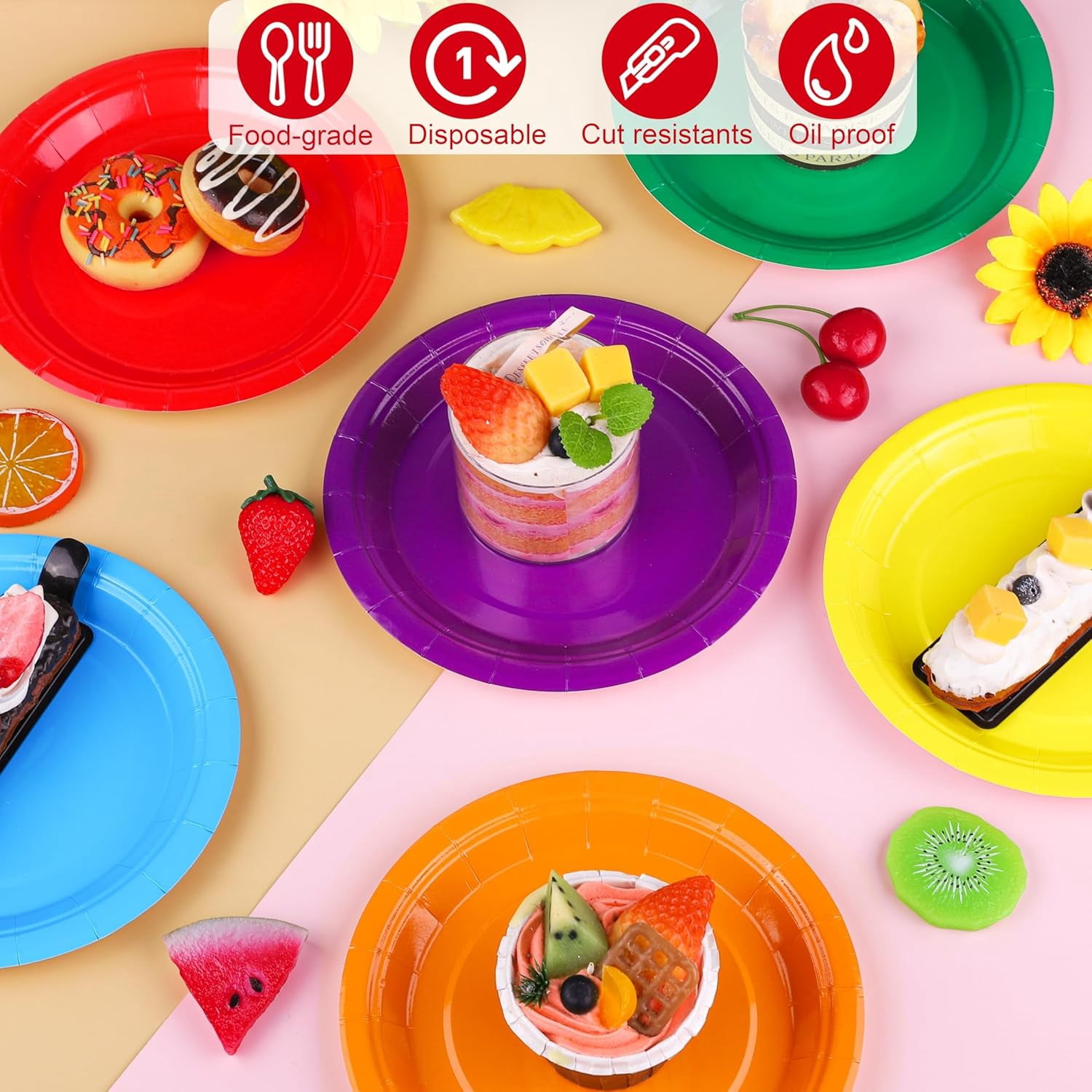 72 Pieces Rainbow Paper Plates 7 Inch Bulk Paper Plates Disposable Round Dessert Plates Heavy Duty Solid Color Paper Plates Table Decors Party Supply for Birthday, Dinner, Wedding