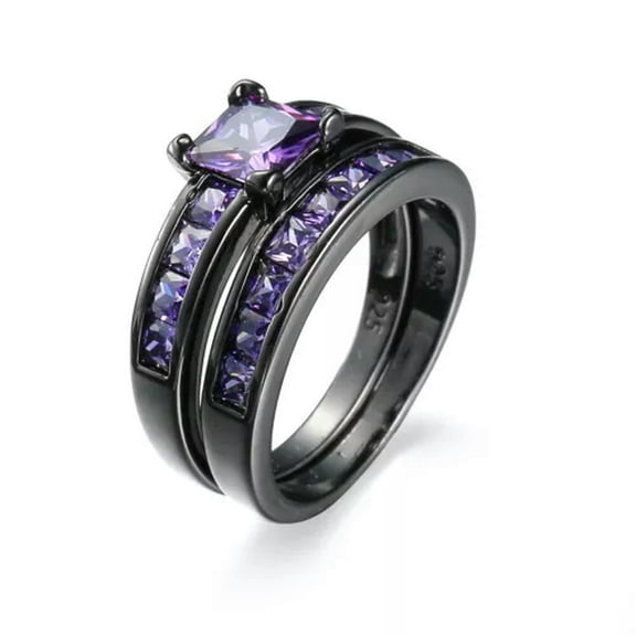 Purple Zirconia Princess Cut Bands Womens Black Gold Filled Engagement Ring Sets