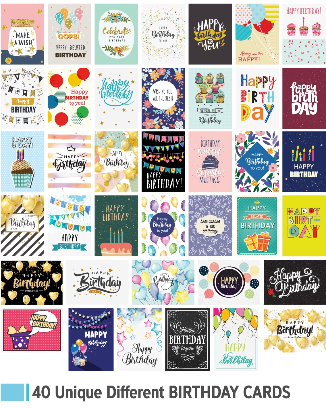 60 Happy Birthday Cards 5x7 Bulk, Unique Designs with Envelopes
