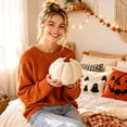 thumbnail image 5 of Cream PUMPKIN PLUSH Halloween Decorations, Soft Ribbed Stuffed Pumpkin Pillow with Brown Stem for Fall Home Decor, Thanksgiving Table Centerpiece, Shelf and Seasonal Gifts, 5 of 7
