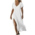 thumbnail image 3 of Plus Size Women's Dress Solid Color Maxi Dresses with Cotton Linen Short Sleeved V-neck Side Slit Dress Side Pockets Long Skirt Summer Vacation Holiday Beach Party S-XXL, 3 of 7