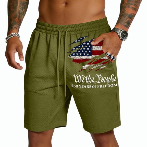 Iaqnaocc 250 Anniversary Usa Shorts Men Big and Tall 250 anniversary usa flag White Shorts Men Drawstring Quick Drying Loose Fit Lightweight Mens Vacation Shorts With Pockets Army Green S