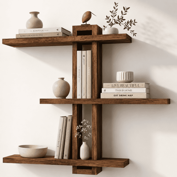 MEHOOM 3-Tier Wooden Floating Wall Shelf, Rustic Wall-Mounted Storage Shelves for Bedroom, Living Room, Farmhouse Wall Decor, 20in