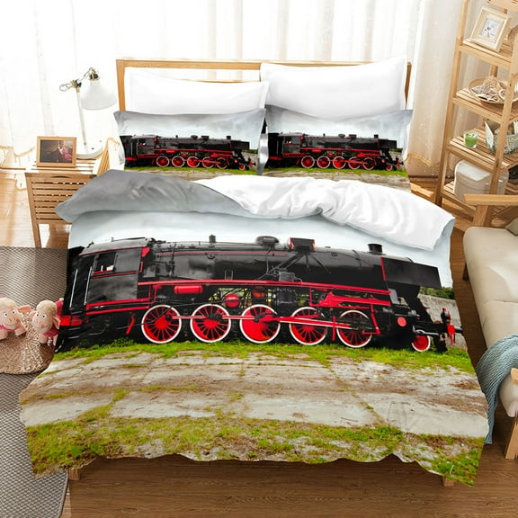 Steam Engine Duvet Cover Set Transportation Old King Full Size Polyester Bedding Set for Teen Boys Adult Living Room