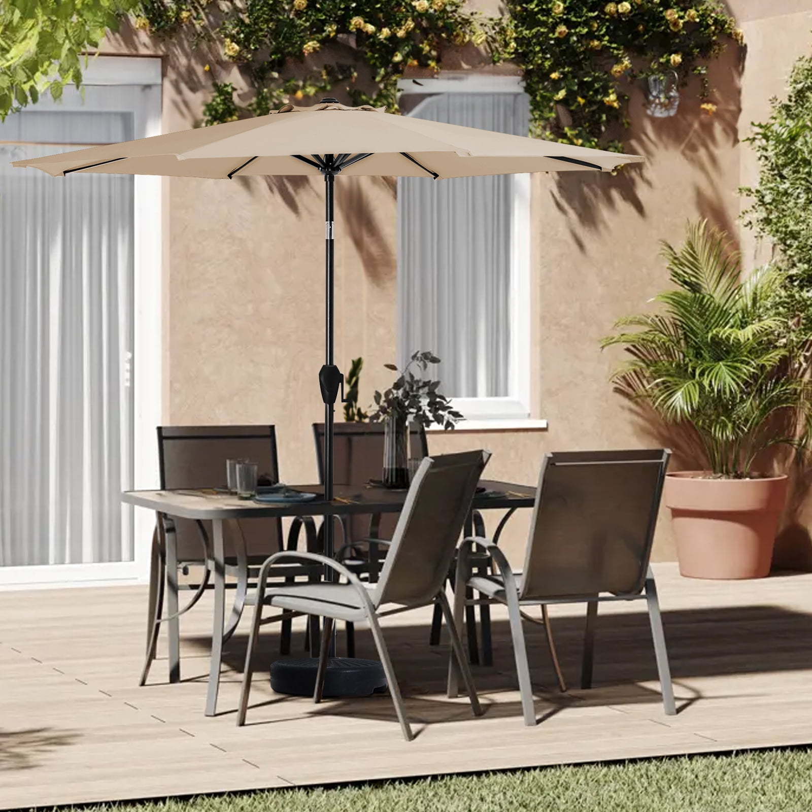 FUNDAZE 10FT Market Patio Umbrella with Push-Button Tilt and Crank Elevator, UV-Shield Canopy Ideal for Backyard, Poolside, Deck & Patio Dining, Beige