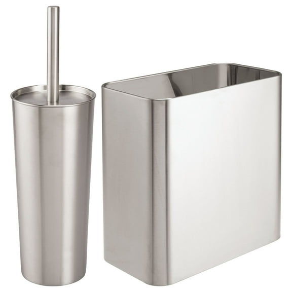 mDesign 2 Piece Plastic Bathroom Set, Bowl Brush and Trash Can - Stainless Steel