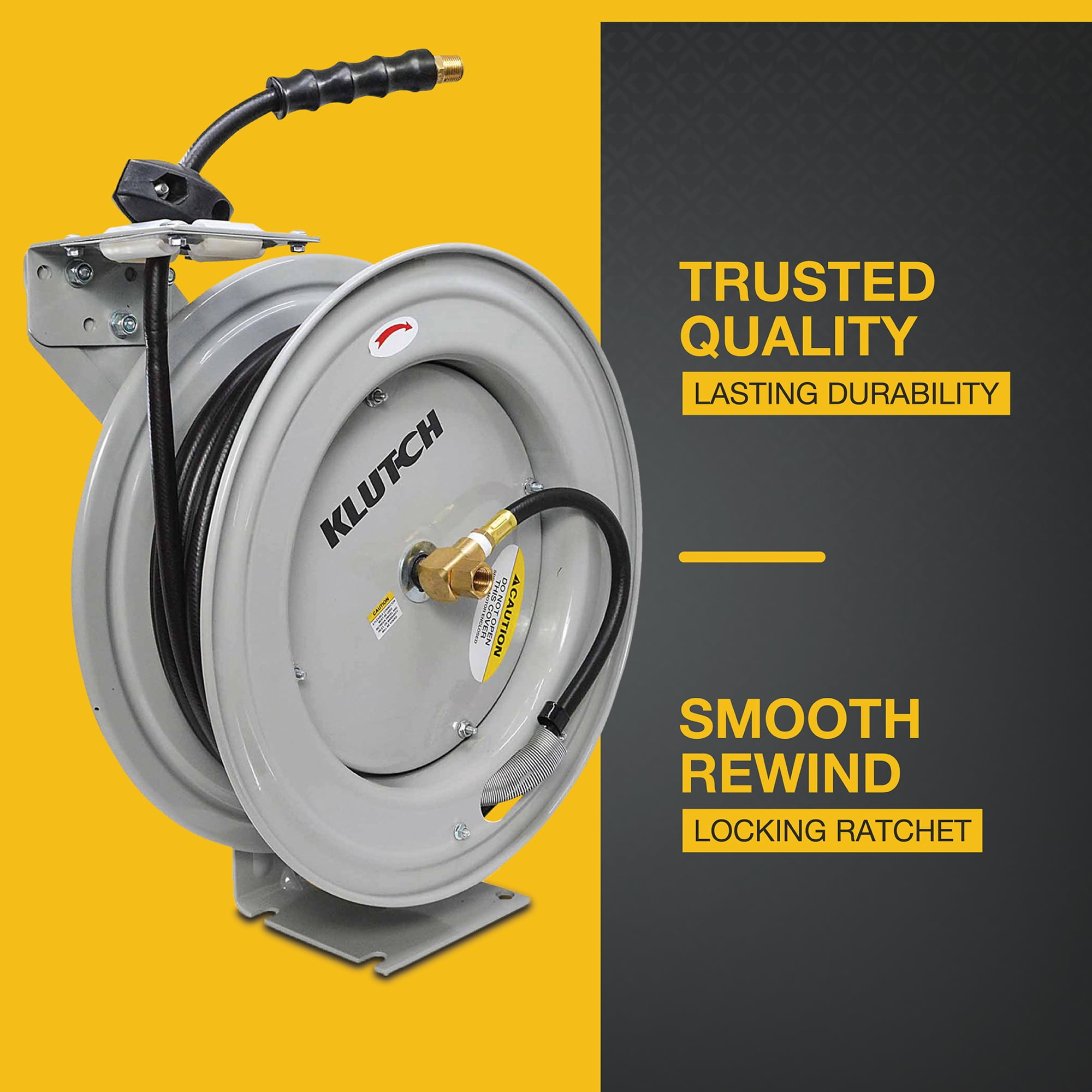 Klutch Auto-Rewind Air Hose Reel with 3/8in. x 75ft. Rubber Hose, 300 PSI