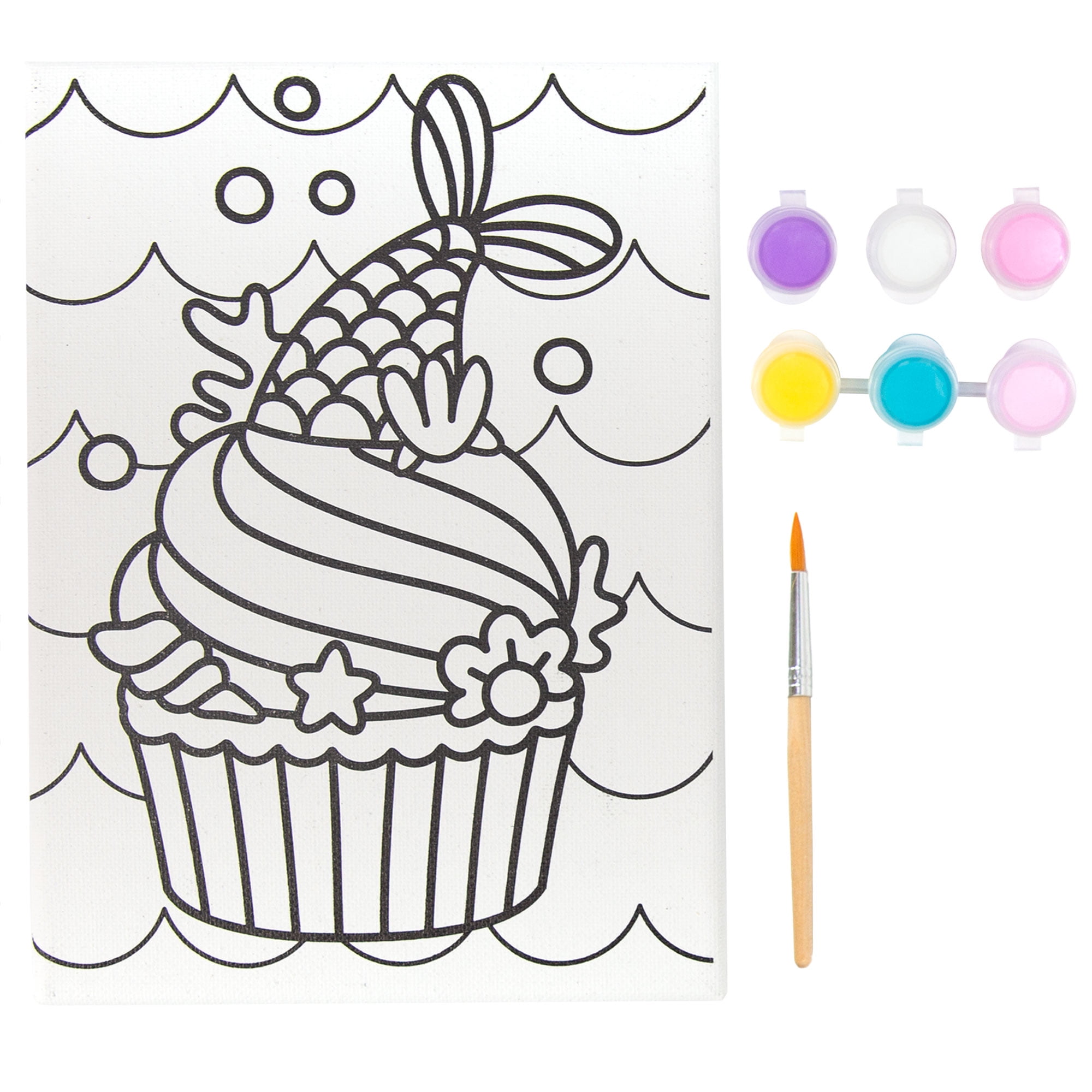 Hello Hobby Paint Your Own Mermaid and Cupcake Canvas Assortment, Boys and Girls, Child, Ages 6+, Each Sold Separately, Size: 6” x 8”