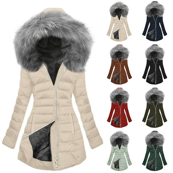Womens Long Quilted Puffer Coat Down Jacket Women Fashion Solid Color Long-Sleeved Zipper Pockets Hooded -Padded Jacket Coat Blouse Khaki L