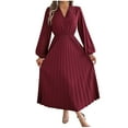 thumbnail image 2 of Njagoc3 2025 Long Sleeved V-Neck Solid Color Waist Cinched Pleated Elegant Temperament Casual Dress For Womens, 2 of 6