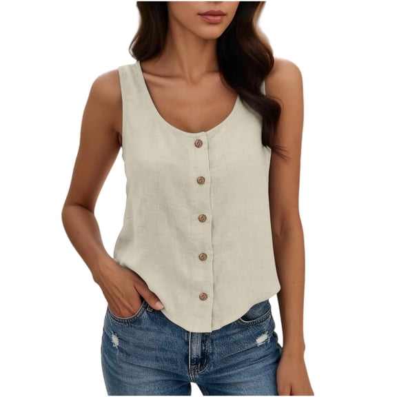 RQYYD Womens Scoop Neck Sleeveless Button Down Tank Top Casual Loose Fit Blouse for Summer Daily Wear