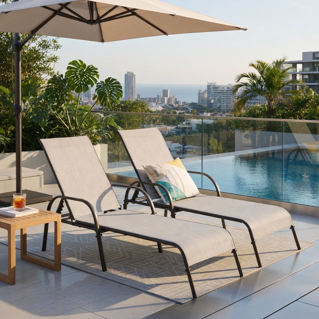 Hommoo 2-Pack Adjustable Outdoor Chaise Lounge Chairs, Fabric Patio Recliners with 5-Position Backrest, Steel Frame, Poolside & Backyard Ready, Gray