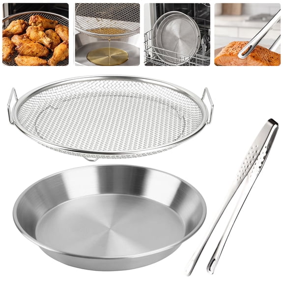 Oil Filter Tray and Kitchen Cooking Tweezer, 10.3 inch Stainless Steel Mesh Drain Basket Colanders Air Fryer Accessories for Fried Food, Barbecue Grill Tray Net Draining Pan Oil Strainer