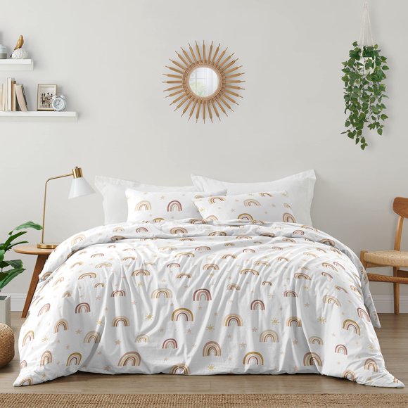 Sweet Jojo Designs Boho Rainbow Girl Full/Queen Bedding Set Kid Comforter Childrens Size - 3 pieces - Blush Pink Dusty Rose Gold Yellow Mauve Taupe Beige Tan Bohemian Stars Sun Celestial Vintage Sky