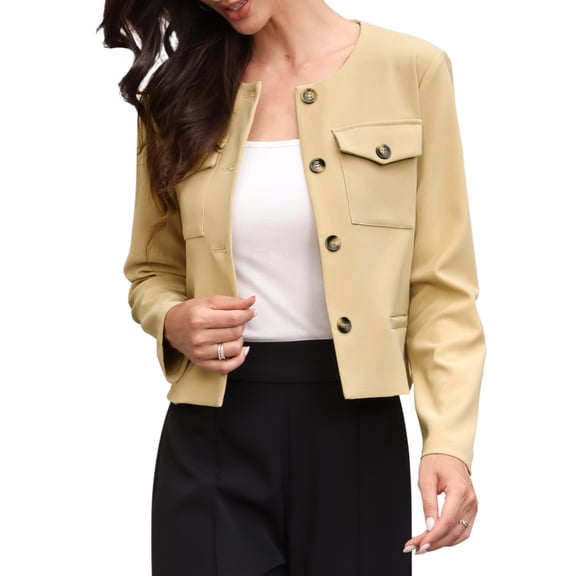 DARING DIVA Women's Cropped Long Sleeve Button Down Lightweight Blazer XS Khaki