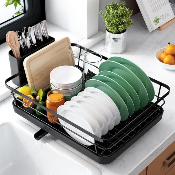 Dish Drying Rack, 12"W x 15.5"L Black Stainless Steel Countertop Dish Drainer with Cutlery Holder, Rustproof Sink Storage Organizer, Space Saving Dinnerware Rack for Apartment & Home Kitchen Use