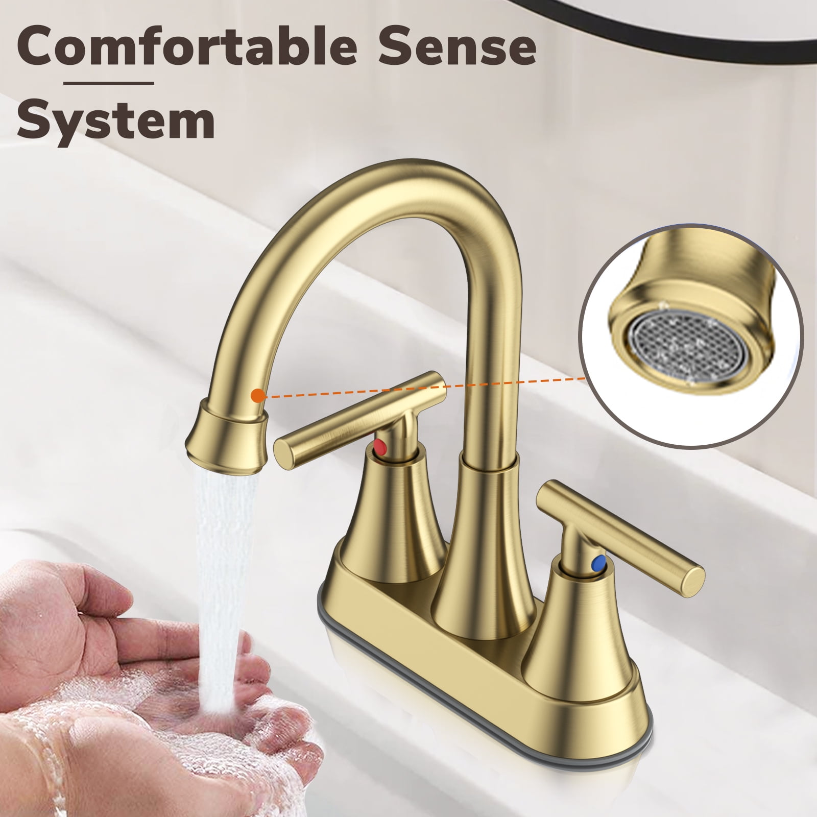 KINGTACK Bathroom Sink Faucet, 4 inch 2-Handle Gold Bathroom Faucet with Pop-up Drain and 2 Supply Hoses, Fits 2 or 3-hole Sink