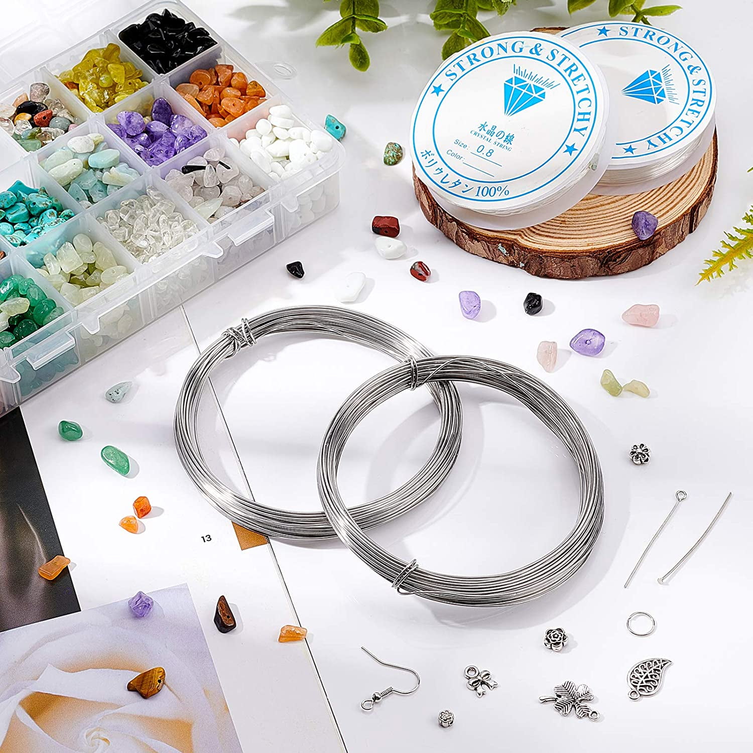 Jewelry Making Kit Including Chip Beads Alloy Pendants Flower Beads Jump Rings Head Pins Eye Pin Earring Hooks Plier Elastic Thread Aluminum Wire