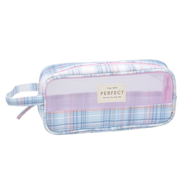 Estuche de malla a cuadros de mano para lápices, estuche transparente para rotuladores, bolsa de maquillaje multifunción, regalo para el colegio y la Oficina