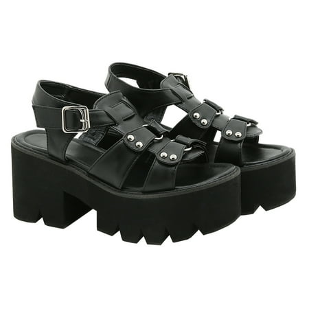 

NUOLUX Sandals Platform Roman Shoes Thick Rivet Wedge Strap Strappy Sole Chunky Heeled Fisherman Goth Toe Open Punk