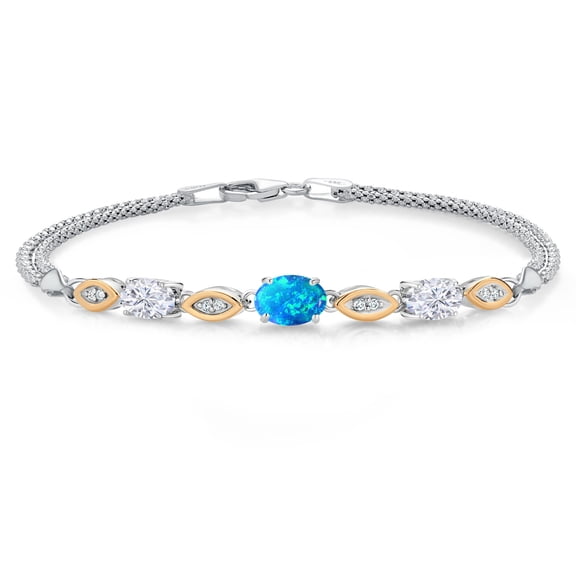 925 Silver and 10K Yellow Gold Simulated Blue Opal and White Moissanite and White Lab Grown Diamond Bracelet for Women (1.69 Cttw, Gemstone October Birthstone, Oval, Wheat Chain, 7.5 inches)
