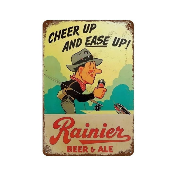 8x12 Inch Fashionable Rainier Beer Ale Fishing Mancave Garage Shop Tin Metal Decorative Wall Paintings - Vintage Artwork for Home Decor