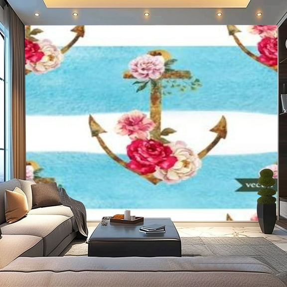 Peel and Stick Canvas Wallpaper watercolor seamless pattern colorful pattern blue stripes anchor Modern Art Wall Mural Decor Self Adhesive and Removable 100in x 144in