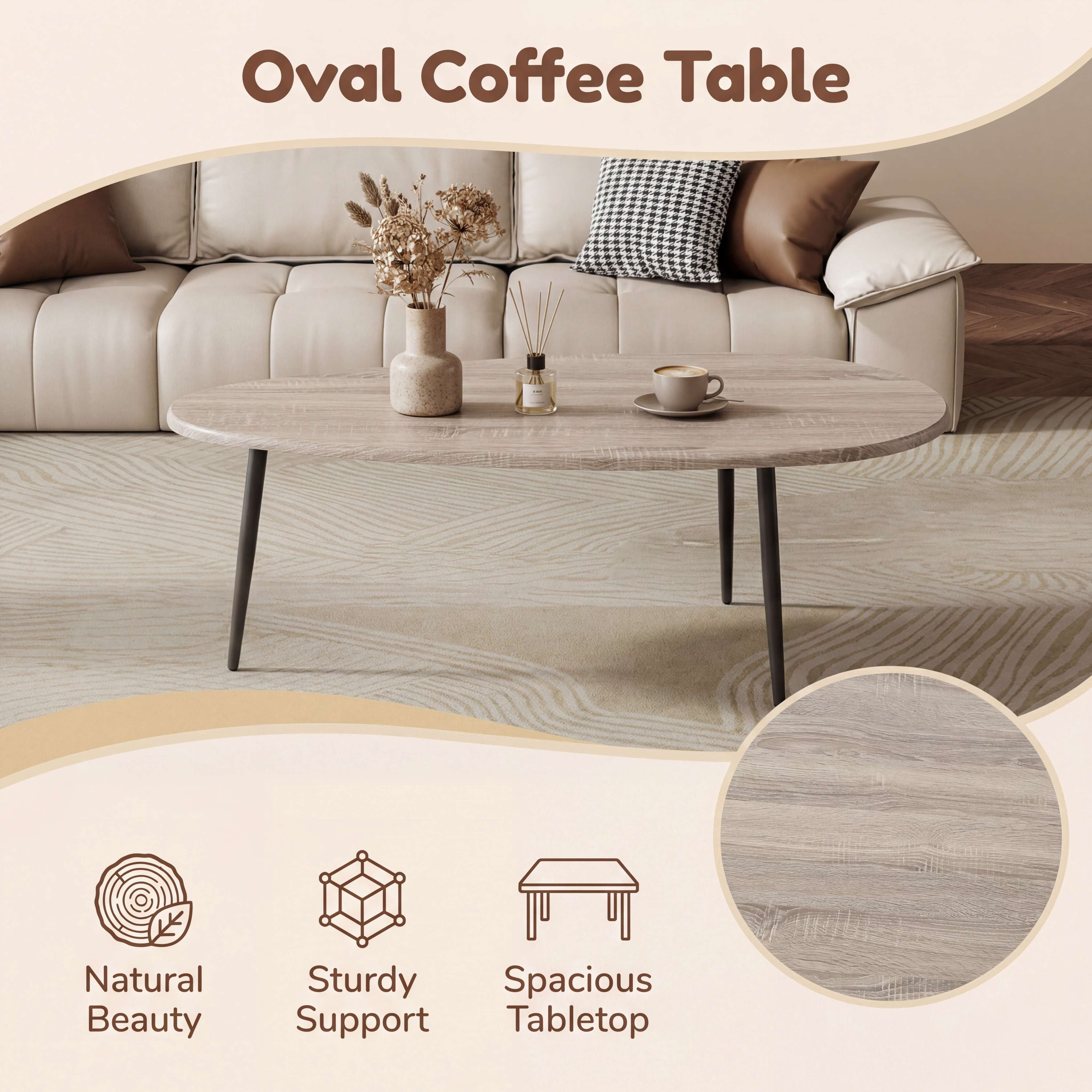 ELLEGNT Oval Coffee Table,Mid-Century Modern Center Table with Sturdy Metal Frame, Compact Retro Sofa Table for Living Room