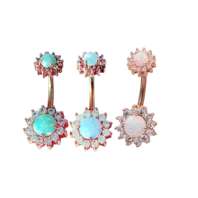 Double Round Cubic Zircon Filigree Opal Center Surgical Steel Belly Button Rings Navel Rings Belly Piercing 3pcs wihite blue green