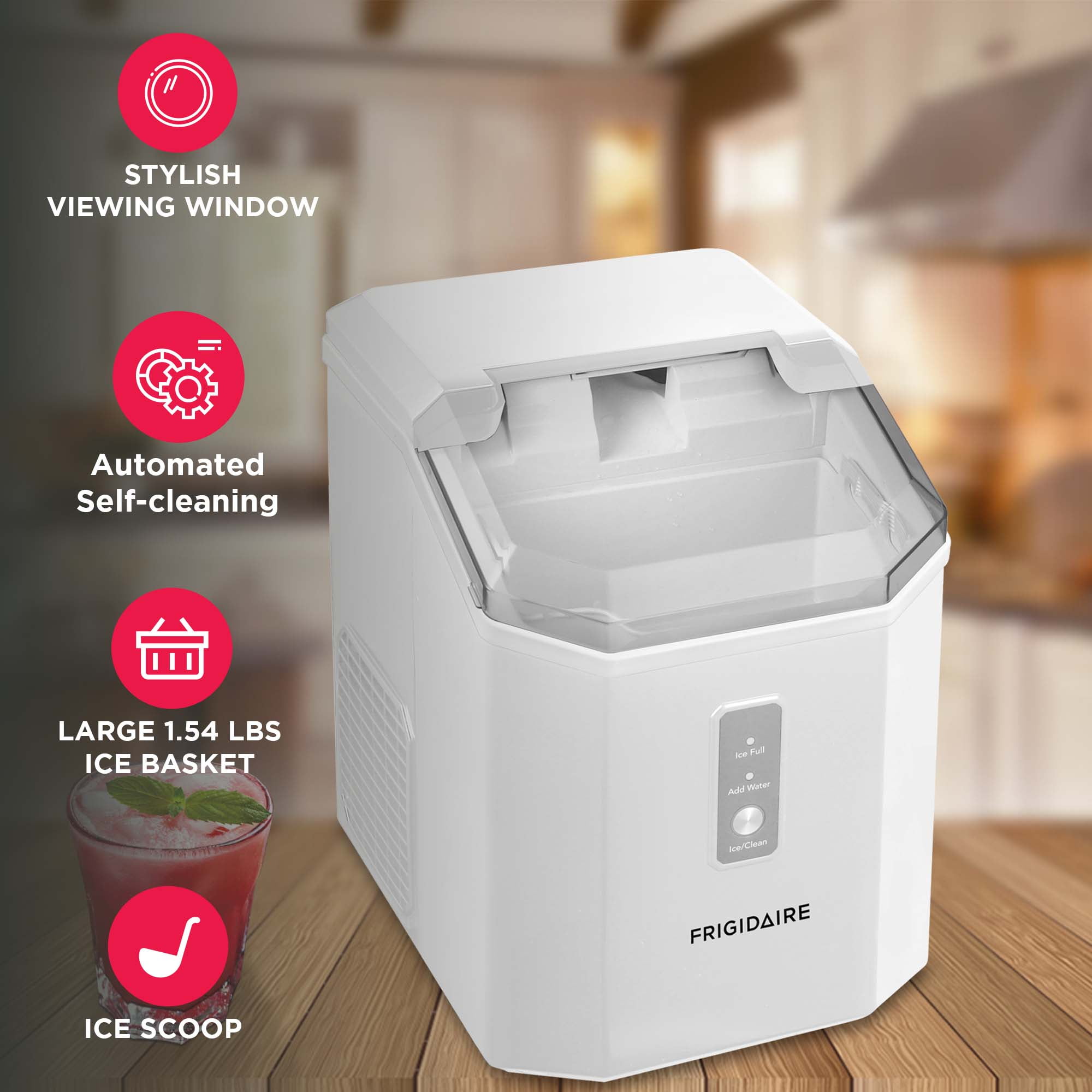 Frigidaire 33lb Countertop Nugget Pellet Ice Maker Self-Cleaning, White, for Home, Kitchen, Office, Bar