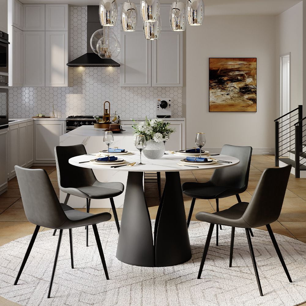 POVISON 47"Modern Round White Dining Table for 4, Matte Sintered Stone Tabletop, Solid Black Carbon Steel Base