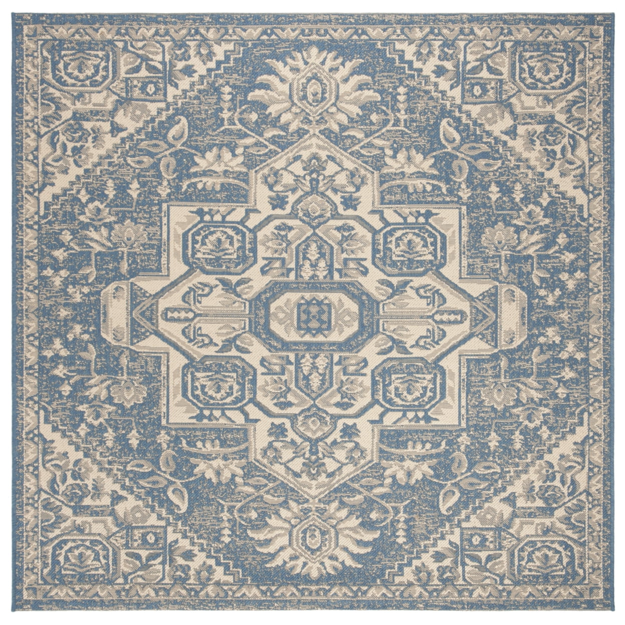 SAFAVIEH Beach House Jose Geometric Indoor/Outdoor Area Rug Cream/Blue, 6'7" x 6'7" Square