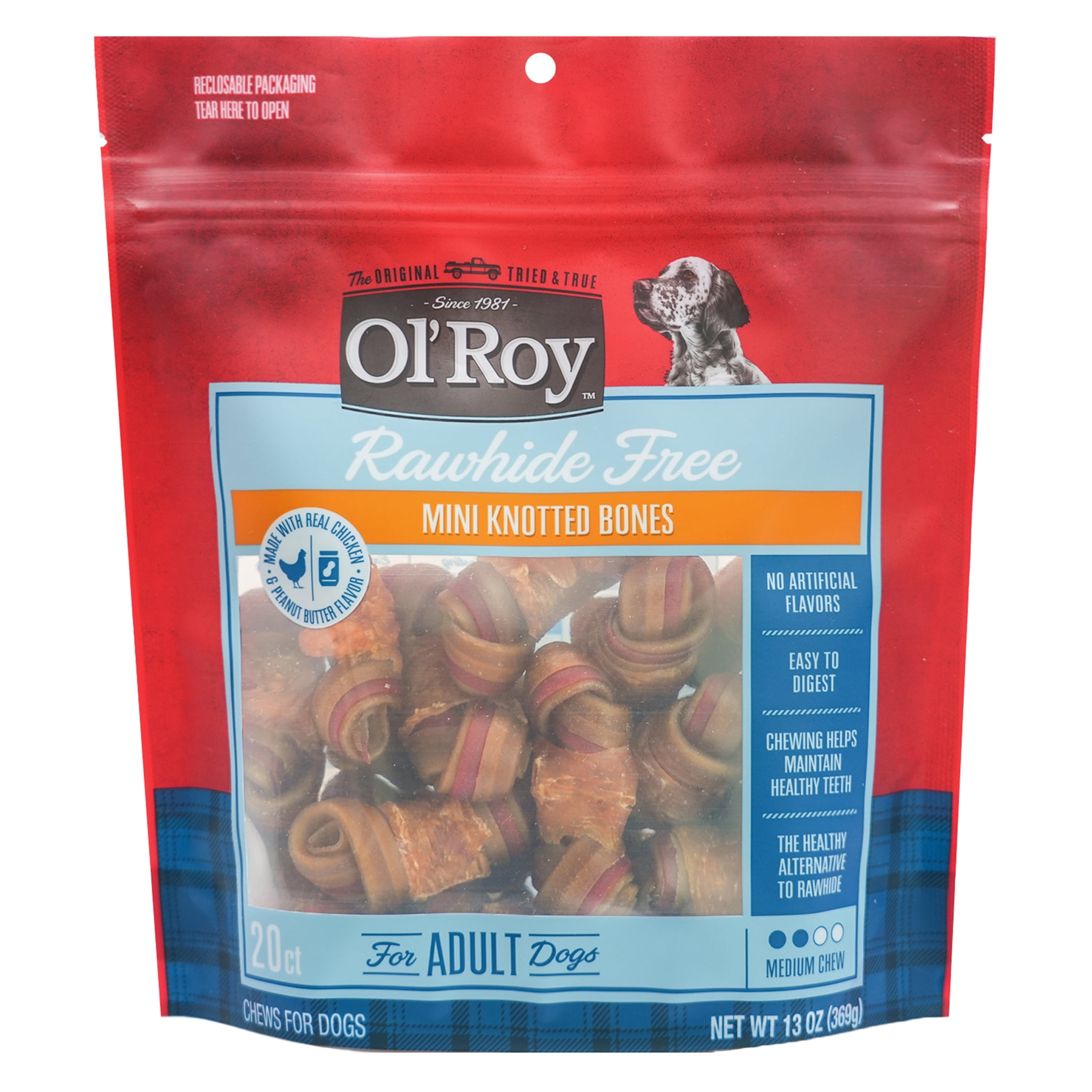 (4 pack) Ol' Roy 2.5 Inch Rawhide Free Mini Knotted Peanut Butter Flavored Bones, Chews for Dogs, 13 oz, 20 Count
