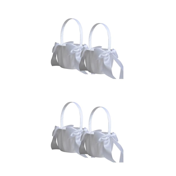 Ounissouiy Cesta de flores con lazo romántico de diseño Simple de 2 piezas, cestas portátiles para portador de anillos de ceremonia, Color Blanco 2piezas