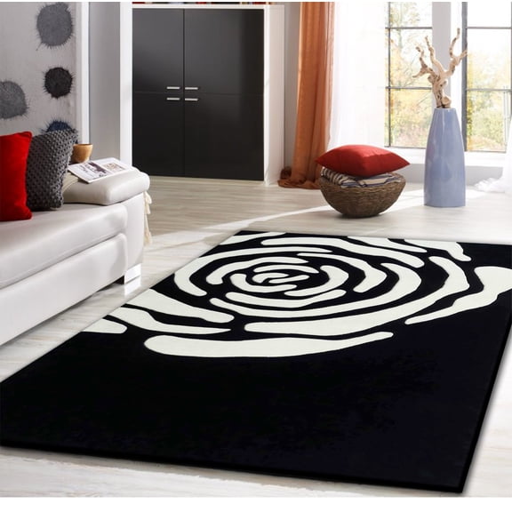 Designed White Rose in Black Motif 2' x 3' Area Rug