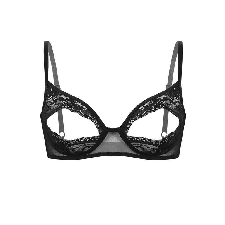 DPOIS Womens Sheer Floral Lace Hollow Out Nipple Bra Top Black S