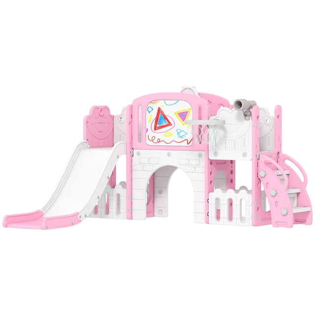 Qaba Toddler Slide, 7 in 1 Kids Slide with Climber, Basketball Hoop, Pink