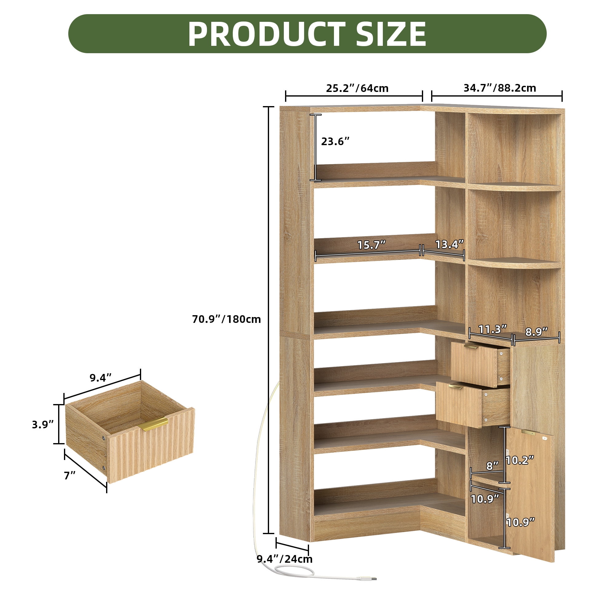 Uforic 6-Tier Corner Bookshelf with 2 Drawers, Modern Tall L Shape Bookcase with LED Light & Storage, Oak