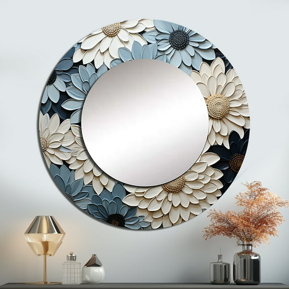 Designart "Bountiful White And Blue Zinnias" Zinnias Round Mirror Wall Decor Traditional - Large White Round Bathroom Mirror - Round Mirror - 23" x 23"
