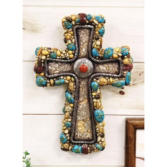 Rustic Southwestern Stony Crackled Turquoise Rocks And Colorful Gems Wall Cross