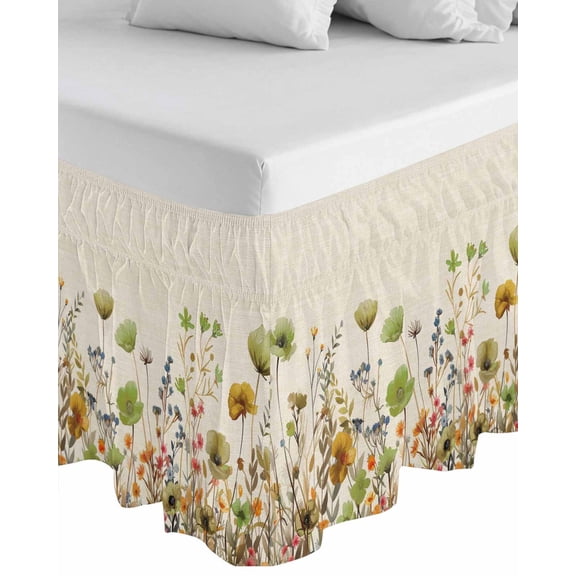 Sage Green Yellow Spring Floral Wrap Around Bed Skirts for Queen Bed 18" Drop,Bed Skirt with Adjustable Elastic Belt Dust Ruffle Bed Valance Watercolor Botanical Summer Flowers Bed Frame Cover
