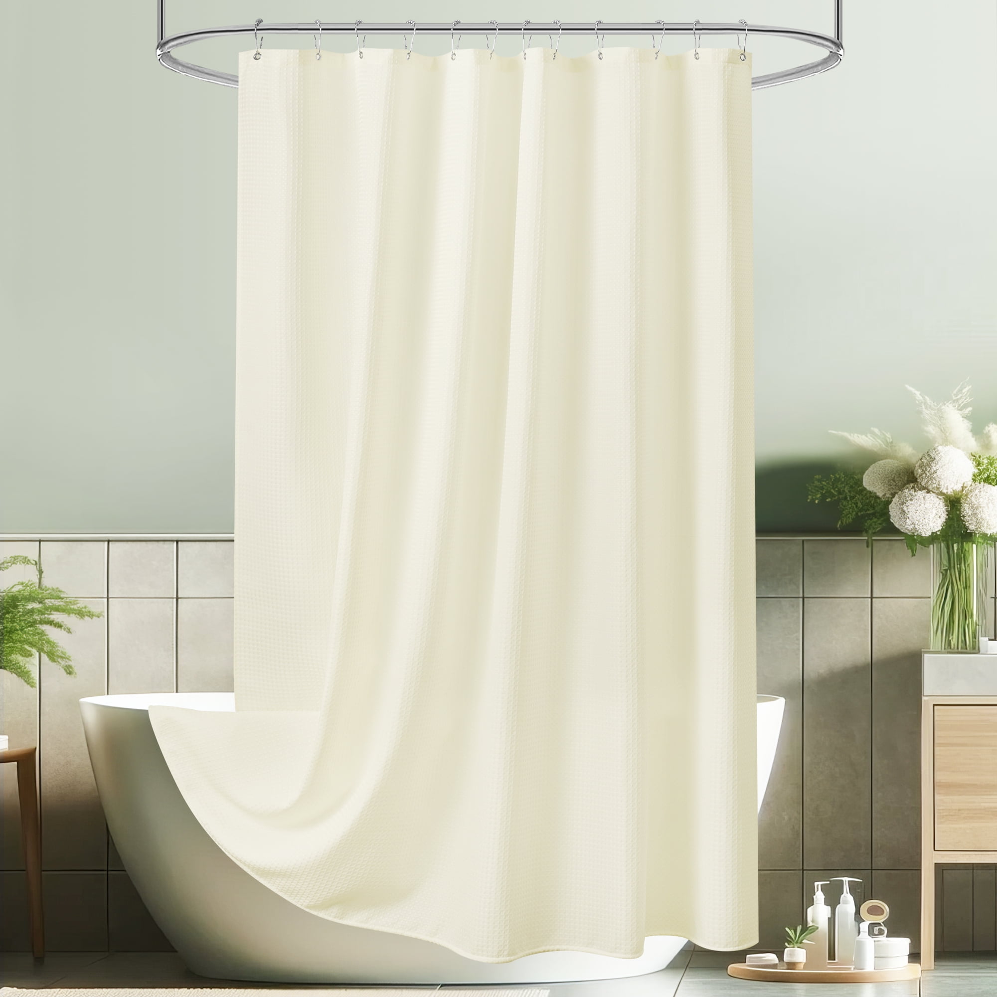 Inosoo Fabric Shower Curtain, 72"x72" Heavy Duty Waffle Textured Cloth Curtains for Bathroom, Luxury Weighted Polyester Bath Curtain for Hotel, Ivory