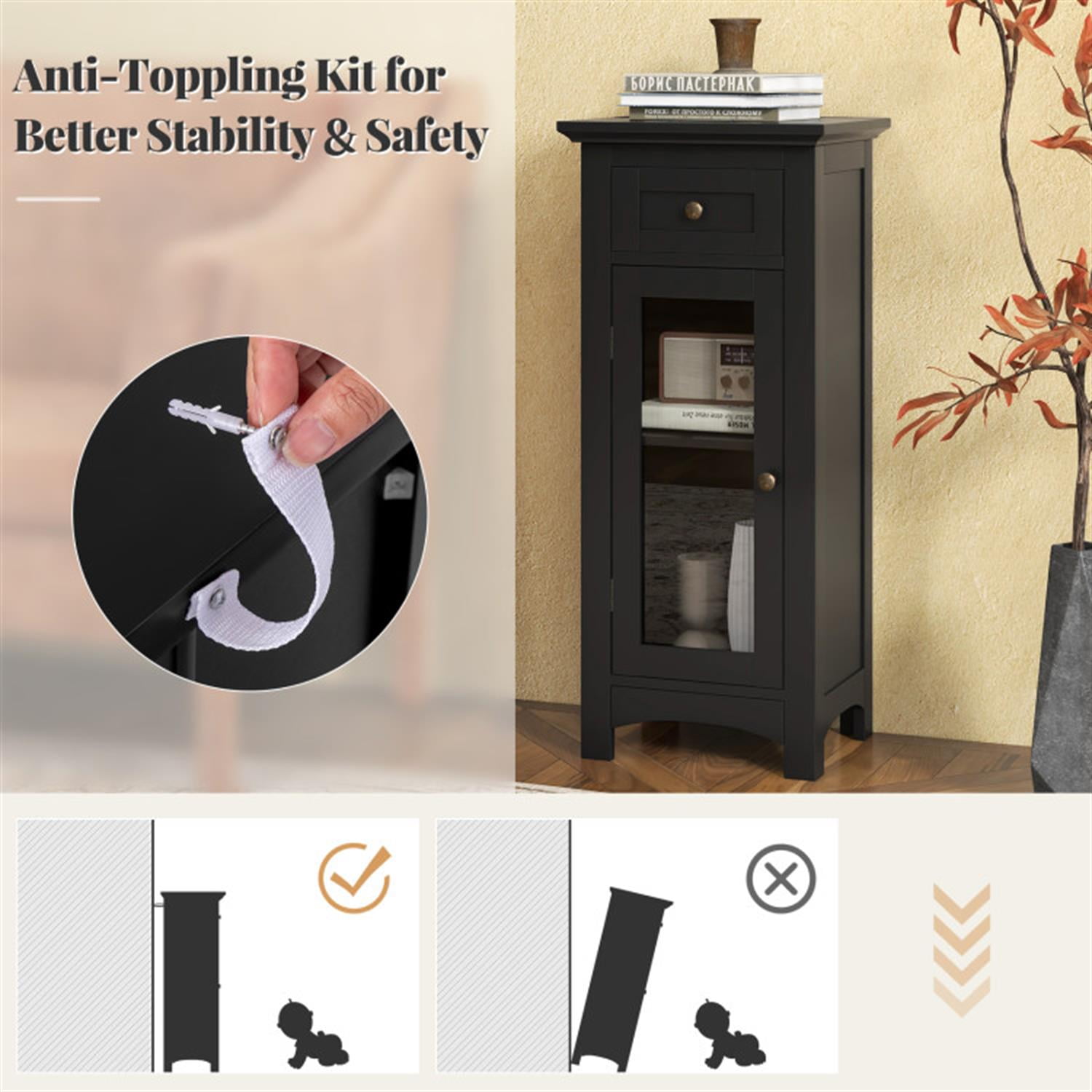 Demi Bonn Bathroom Floor Cabinet with Single Glass Door and Drawers, Bathroom Freestanding Storage Organizer Rack Stand, Multifunctional Corner Unit, Black