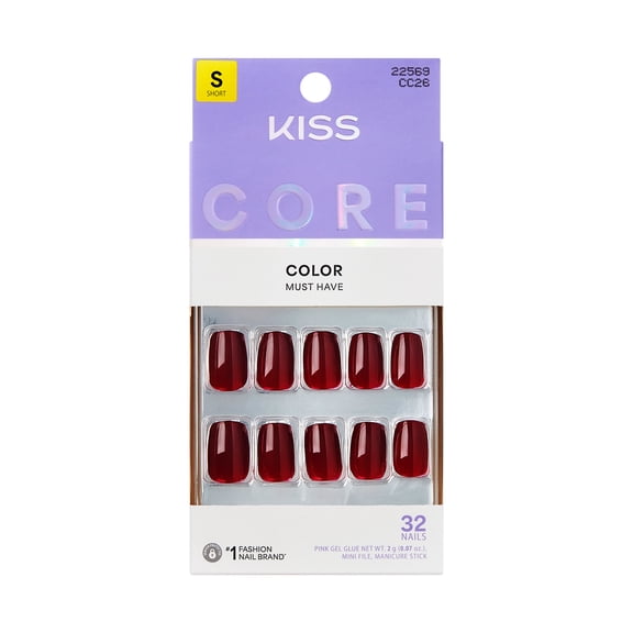 KISS CORE Color Press On Nails, ‘Sprightly’, Burgandy, Short Squoval, 32 Count