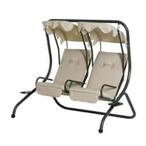 SAZYY 2-Seater Patio Swing Chair with Removable Canopy & Cup Holder, Modern Outdoor Porch Loveseat with Beige Cushions