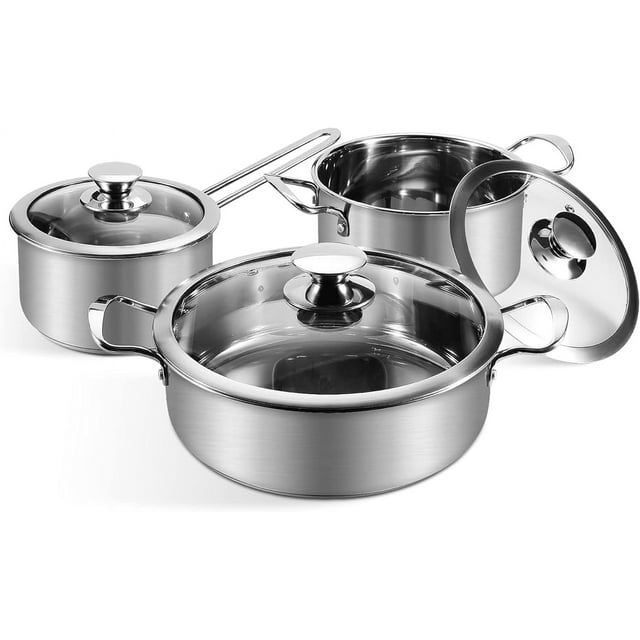 Stainless Steel Cookware Set, 6-Piece Pot Set, Kitchen Cookware Sets with Glass Lids, Stay-Cool Handle, Oven Safe, Works with Induction, Electric and Gas Cooktops