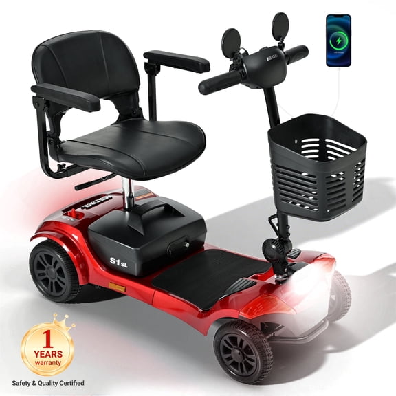Segmart 4-Wheel Mobility Scooter for Seniors, 300W Foldable Electric Scooter with USB & LED Light, 14-Mile Range, 300 lb Capacity, UL Certified, Red
